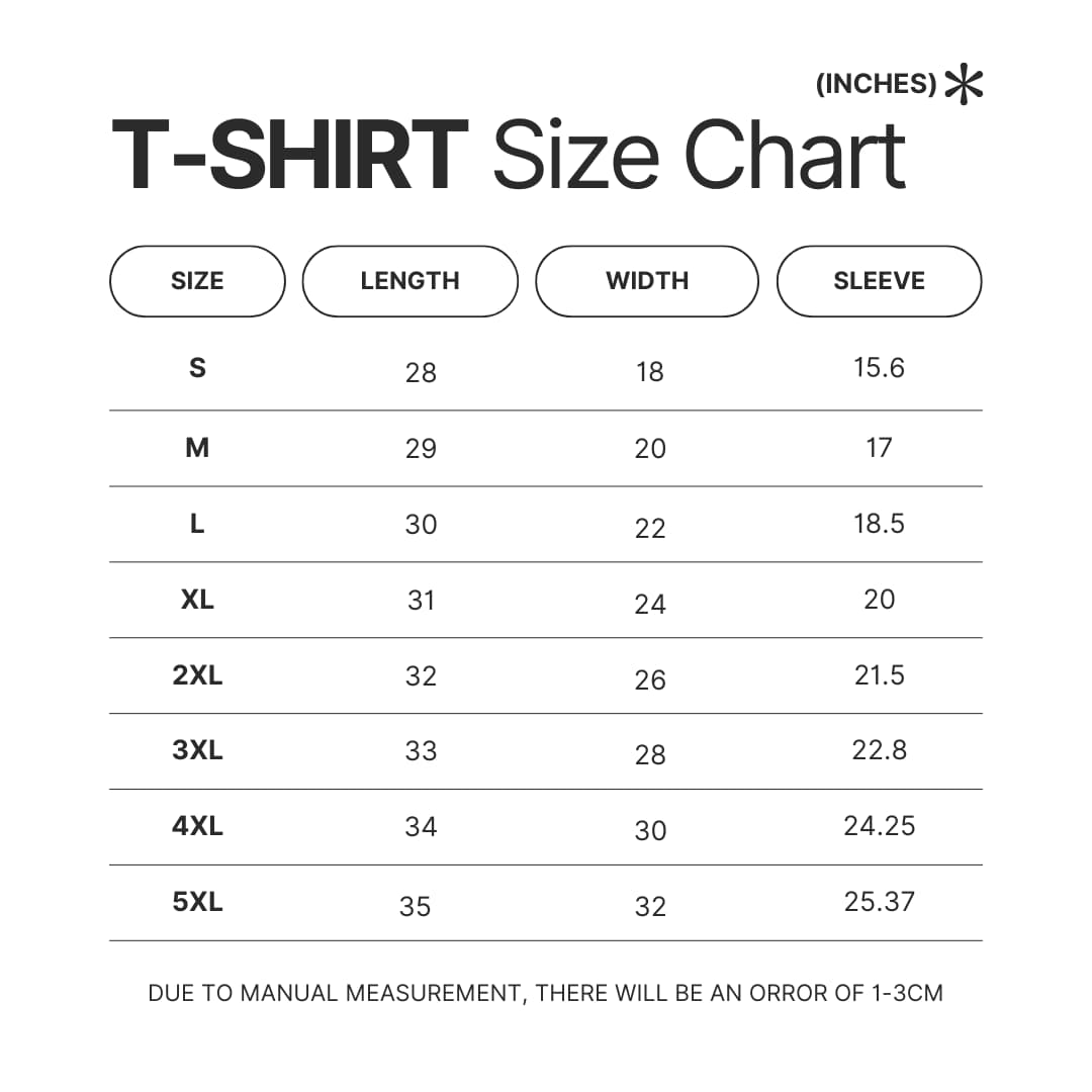 T shirt Size Chart - Half Life Shop